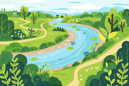 Beautiful River flowing across the vast landscape of green hills, vectorのイラスト素材