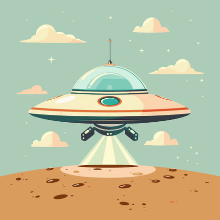 UFO Flying Spaceship in Sky Cartoon icon template vector illustrationのイラスト素材
