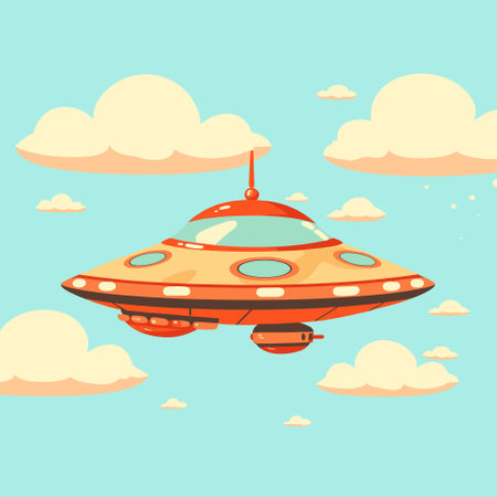 UFO Flying Spaceship in Sky Cartoon icon template vector illustrationのイラスト素材