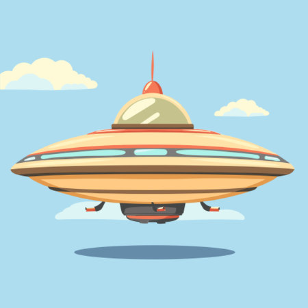 UFO Flying Spaceship in Sky Cartoon icon template vector illustrationのイラスト素材