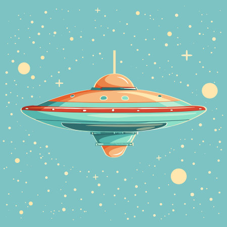 UFO Flying Spaceship in Sky Cartoon icon template vector illustrationのイラスト素材