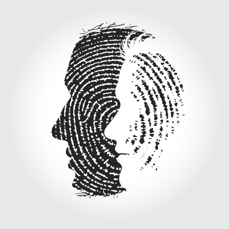 Black silhouette of man head with fingerprint pattern and outline silhouette grunge backgroundのイラスト素材