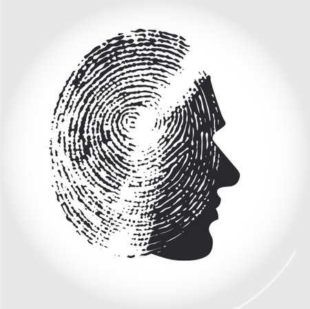 Black silhouette of man head with fingerprint pattern and outline silhouette grunge backgroundのイラスト素材