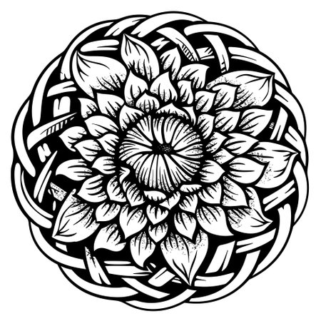Chrysanthemum thistle flower stylized in Celtic patterns. Black and white vector illustrationのイラスト素材