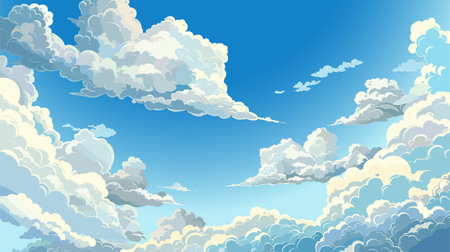 Blue sky with clouds. White fluffy clouds. Sunny day sky scene cartoon vector illustration. Heavens with bright weather, summer season outdoorのイラスト素材