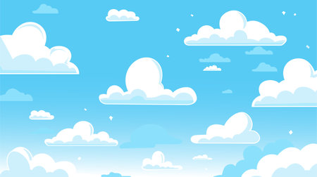 Blue sky with clouds. White fluffy clouds. Sunny day sky scene cartoon vector illustration. Heavens with bright weather, summer season outdoorのイラスト素材