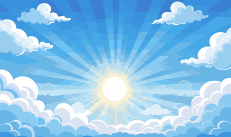 Blue sky with clouds. White fluffy clouds. Sunny day sky scene cartoon vector illustration. Heavens with bright weather, summer season outdoorのイラスト素材