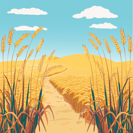 Path through fields of ripe wheat, blue sky. Agriculture. Vector summer landscapeのイラスト素材