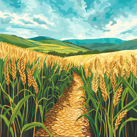 Path through fields of ripe wheat, blue sky. Agriculture. Vector summer landscapeのイラスト素材