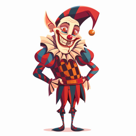 Creepy smiling Joker jester in cap with bells. Vector illustrationのイラスト素材
