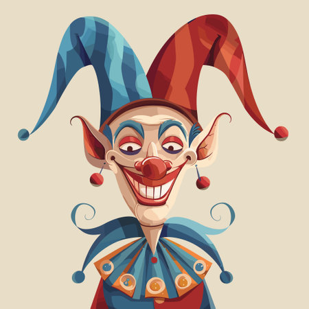 Creepy smiling Joker jester in cap with bells. Vector illustrationのイラスト素材