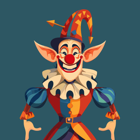 Creepy smiling Joker jester in cap with bells. Vector illustrationのイラスト素材