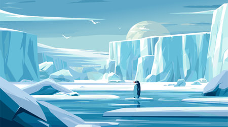 Arctic background, floating icebergs Antarctica landscape. Beautiful north sea or ocean, glaciers and ice mountains. Vector illustrationのイラスト素材