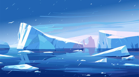 Arctic background, floating icebergs Antarctica landscape. Beautiful north sea or ocean, glaciers and ice mountains. Vector illustrationのイラスト素材
