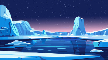 Arctic background, floating icebergs Antarctica landscape. Beautiful north sea or ocean, glaciers and ice mountains. Vector illustrationのイラスト素材
