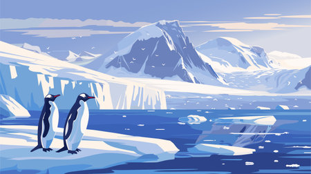 Arctic background, floating icebergs Antarctica landscape. Beautiful north sea or ocean, glaciers and ice mountains. Vector illustrationのイラスト素材