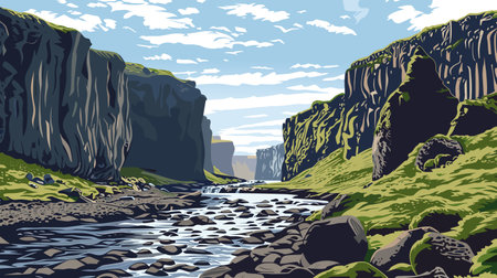 Beautiful panoramic view of canyons and river, vector illustration.のイラスト素材