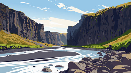 Beautiful panoramic view of canyons and river, vector illustration.のイラスト素材