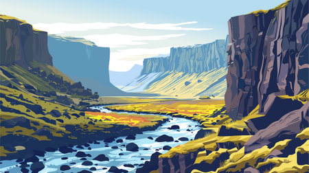 Beautiful panoramic view of canyons and river, vector illustration.のイラスト素材
