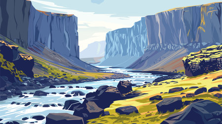Beautiful panoramic view of canyons and river, vector illustration.のイラスト素材