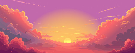 Sunset sky. Cartoon summer sunrise with pink clouds and sunshine, evening cloudy heaven panorama. Morning vector landscape. Beautiful cloudscape with fluffy cumulus, colorful twilightのイラスト素材