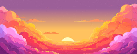 Sunset sky. Cartoon summer sunrise with pink clouds and sunshine, evening cloudy heaven panorama. Morning vector landscape. Beautiful cloudscape with fluffy cumulus, colorful twilightのイラスト素材