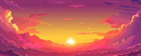 Sunset sky. Cartoon summer sunrise with pink clouds and sunshine, evening cloudy heaven panorama. Morning vector landscape. Beautiful cloudscape with fluffy cumulus, colorful twilightのイラスト素材