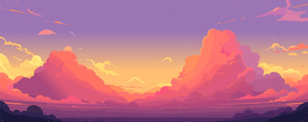 Sunset sky. Cartoon summer sunrise with pink clouds and sunshine, evening cloudy heaven panorama. Morning vector landscape. Beautiful cloudscape with fluffy cumulus, colorful twilightのイラスト素材