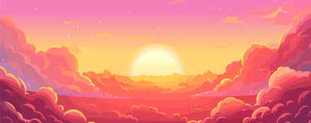 Sunset sky. Cartoon summer sunrise with pink clouds and sunshine, evening cloudy heaven panorama. Morning vector landscape. Beautiful cloudscape with fluffy cumulus, colorful twilightのイラスト素材