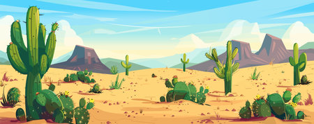 Cartoon desert landscape with cactus, hills, sun and mountains silhouettes, vector horizontal panorama backgroundのイラスト素材