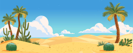 Cartoon desert landscape with cactus, hills, sky, palms, mountains silhouettes, vector horizontal panorama backgroundのイラスト素材