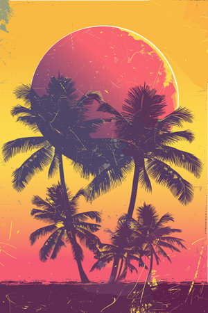 Evening on the beach with palm trees. Rest concept. Palm trees silhouettes at sunset. Vector retro posterのイラスト素材