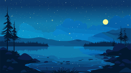 Starry night sky, mountains landscape, magic fields. Glowing stars. Vector backgroundのイラスト素材