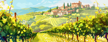 Summer Italy rural landscape with vineyards, green hills. Vector panorama background.のイラスト素材