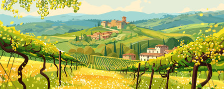 Summer Italy rural landscape with vineyards, green hills. Vector panorama background.のイラスト素材