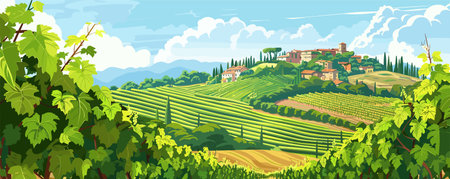 Summer Italy rural landscape with vineyards, green hills. Vector panorama background.のイラスト素材