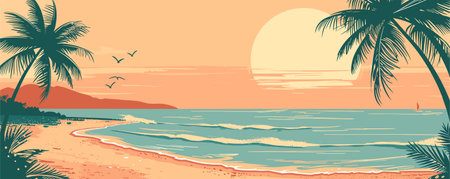 Summer, rest and Travel concept design with tropical beach and palm trees, vectorのイラスト素材
