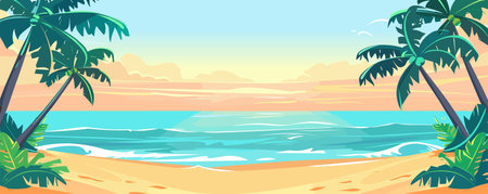 Summer, rest and Travel concept design with tropical beach and palm trees, vectorのイラスト素材