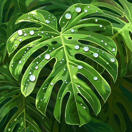 Green leaves with dew drops. Environmental concept design with water drops. Vector illustrationのイラスト素材