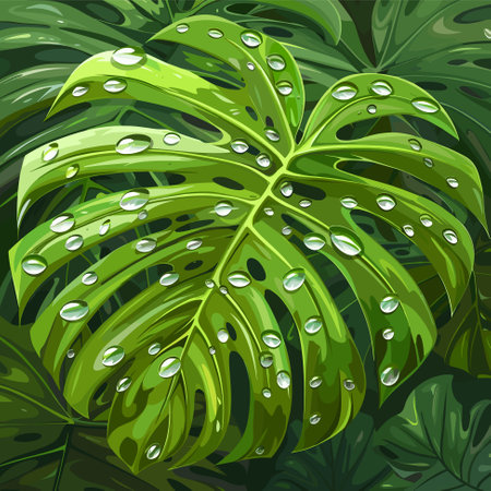 Green leaves with dew drops. Environmental concept design with water drops. Vector illustrationのイラスト素材
