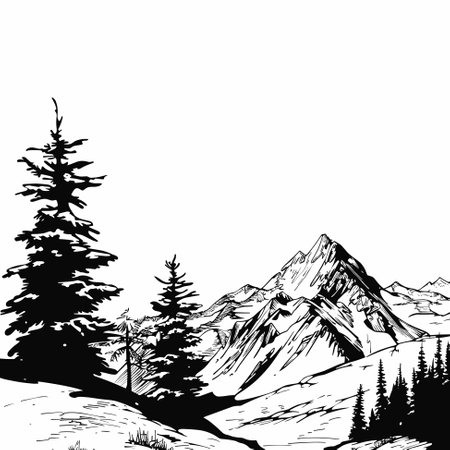 Mountains and pine trees vector black illustration. Sketch artのイラスト素材