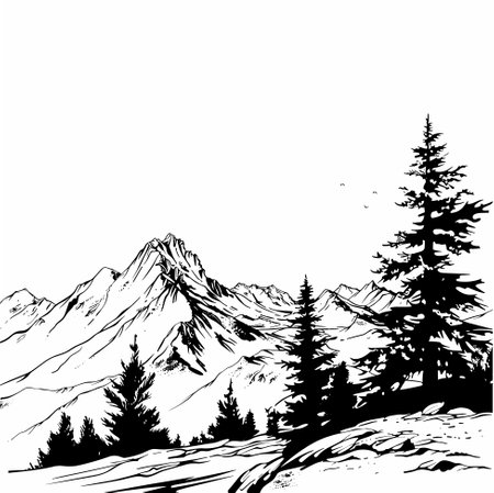 Mountains and pine trees vector black illustration. Sketch artのイラスト素材