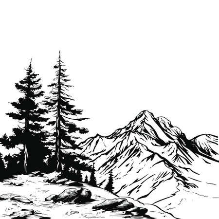 Mountains and pine trees vector black illustration. Sketch artのイラスト素材