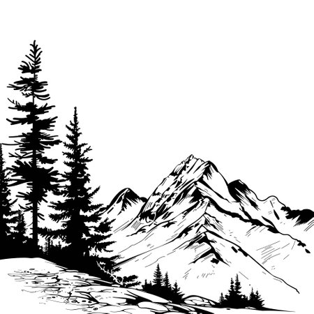 Mountains and pine trees vector black illustration. Sketch artのイラスト素材
