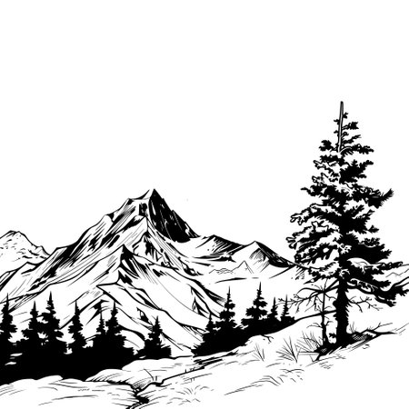 Mountains and pine trees vector black illustration. Sketch artのイラスト素材