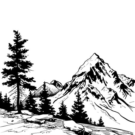 Mountains and pine trees vector black illustration. Sketch artのイラスト素材