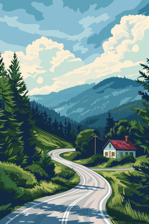 A Country Landscape with Winding Road to Horizon. Road to Home Concept, Vectorのイラスト素材