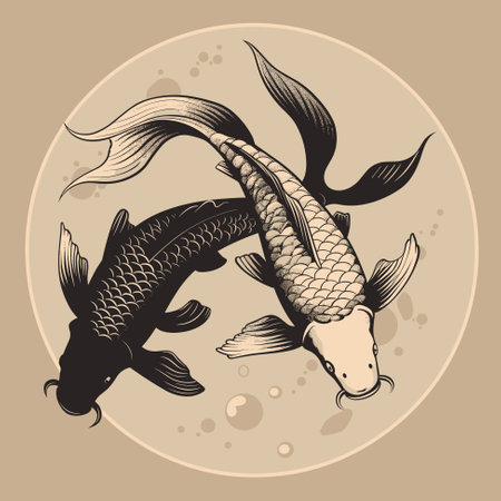 Two koi fishes with abstract red sun or water round shape, Japanese koi carps icon design template vector illustrationのイラスト素材
