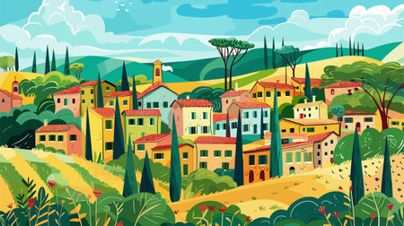 Landscape in countryside Italy with houses, fields, vineyards and trees. European summer village Vectorのイラスト素材