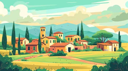 Landscape in countryside Italy with houses, fields, vineyards and trees. European summer village Vectorのイラスト素材